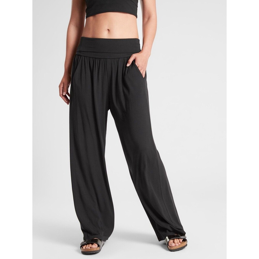 Athleta Studio Wide Leg Pants High Rise Foldover Waistband Pocket Drape Size L